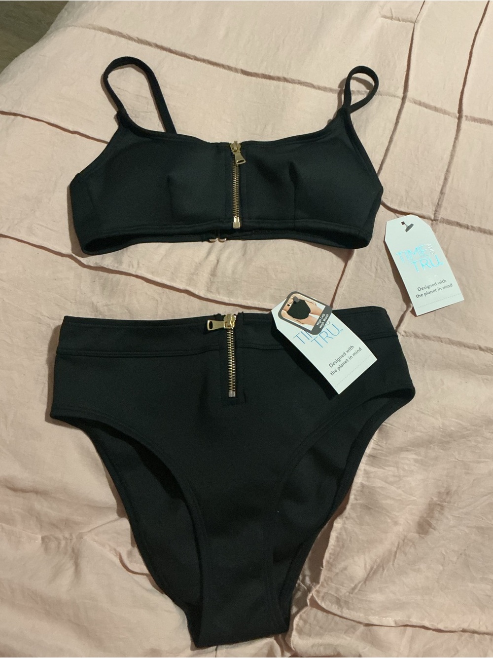 Time and Tru Black Zip-Front Bandeau Bikini Set